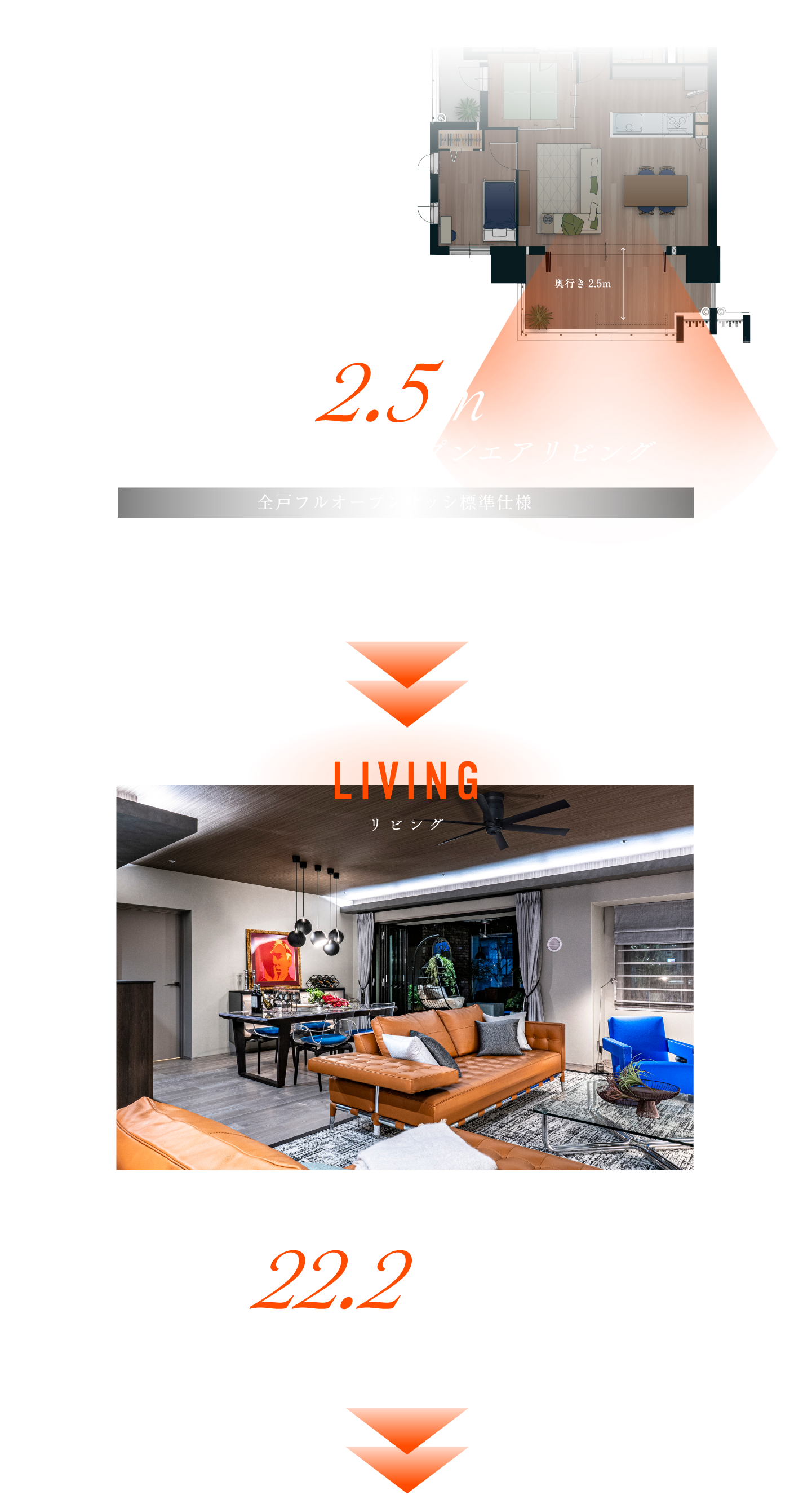 碧空と蒼緑を感じる、もう一つのリビング リビングのフルオープンサッシを開け放てば、奥行き2.5mの広々としたバルコニー。まるでリゾート地のコンドミニアムのような、開放感あふれる「オープンエアリビング」が誕生します。奥行き2.5mオープンエアリビング 全戸フルオープンサッシ標準仕様 開放感と快適性を実現したフルオープンサッシで、暮らしをリゾートに変える。 リビング リビング + 和室 + オープンエアリビング 約22.2帖のゆとりが生まれる